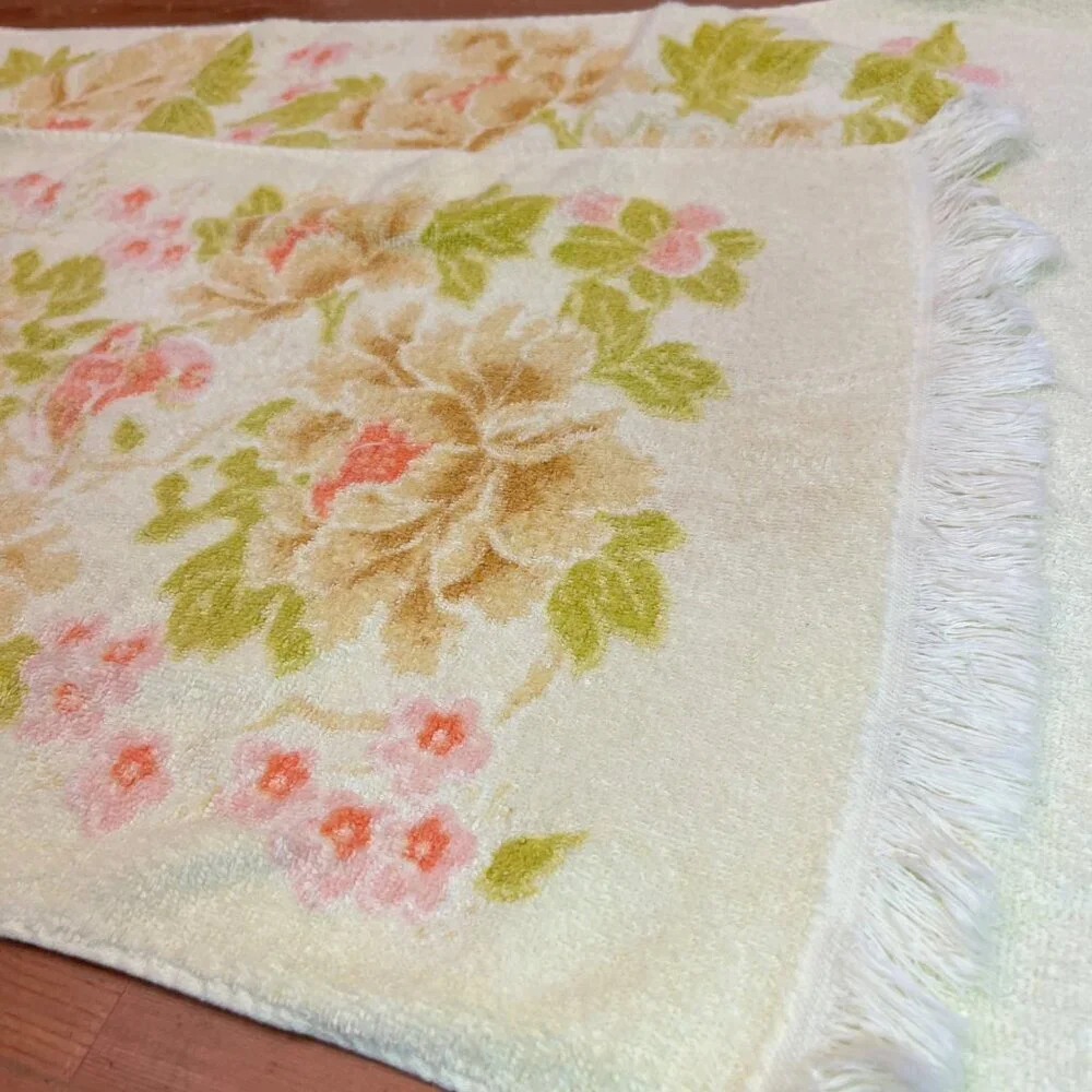 Vtg tastemaker bath Hand wash cloth Towel set 60 70s Yellow Cotton Fringe Floral